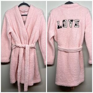 Sleep & Co Pink LOVE Embroidered Fuzzy Fluffy Pink Sherpa Robe - Size L